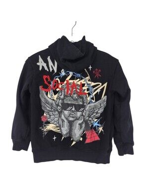 Boys Rare Punk Emo Anti-Social Black 100% Cotton Hoodie Embroidered Size 10-12